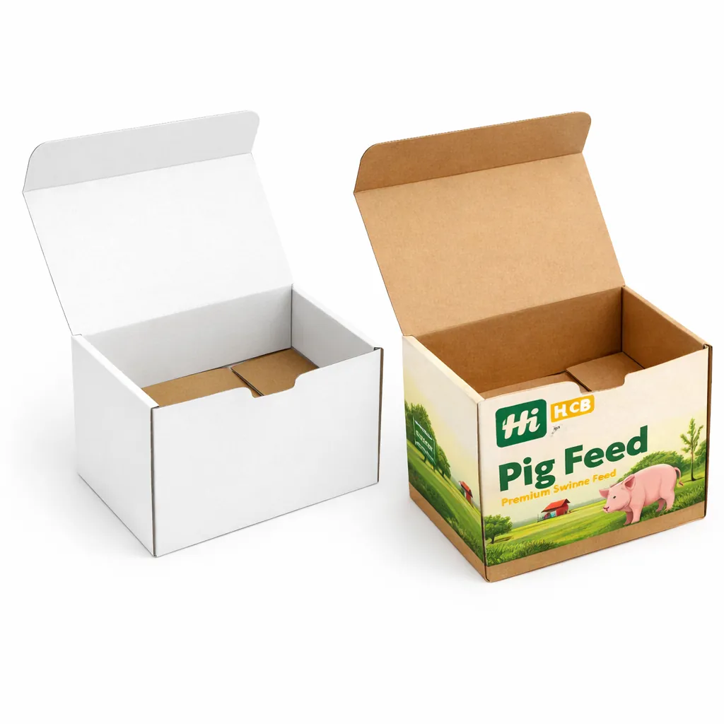 Two sturdy white two-piece boxes with lids, including one featuring custom green pig branding. class=